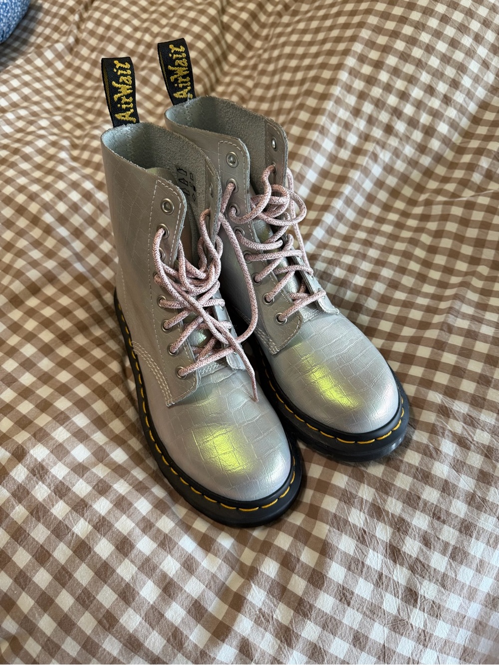 Dr. Martens Silver Lace-Up Combat Boots with Pink Laces - Women